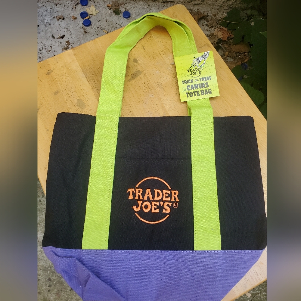 Trader Joe's Black and Purple Canvas Tote Bag